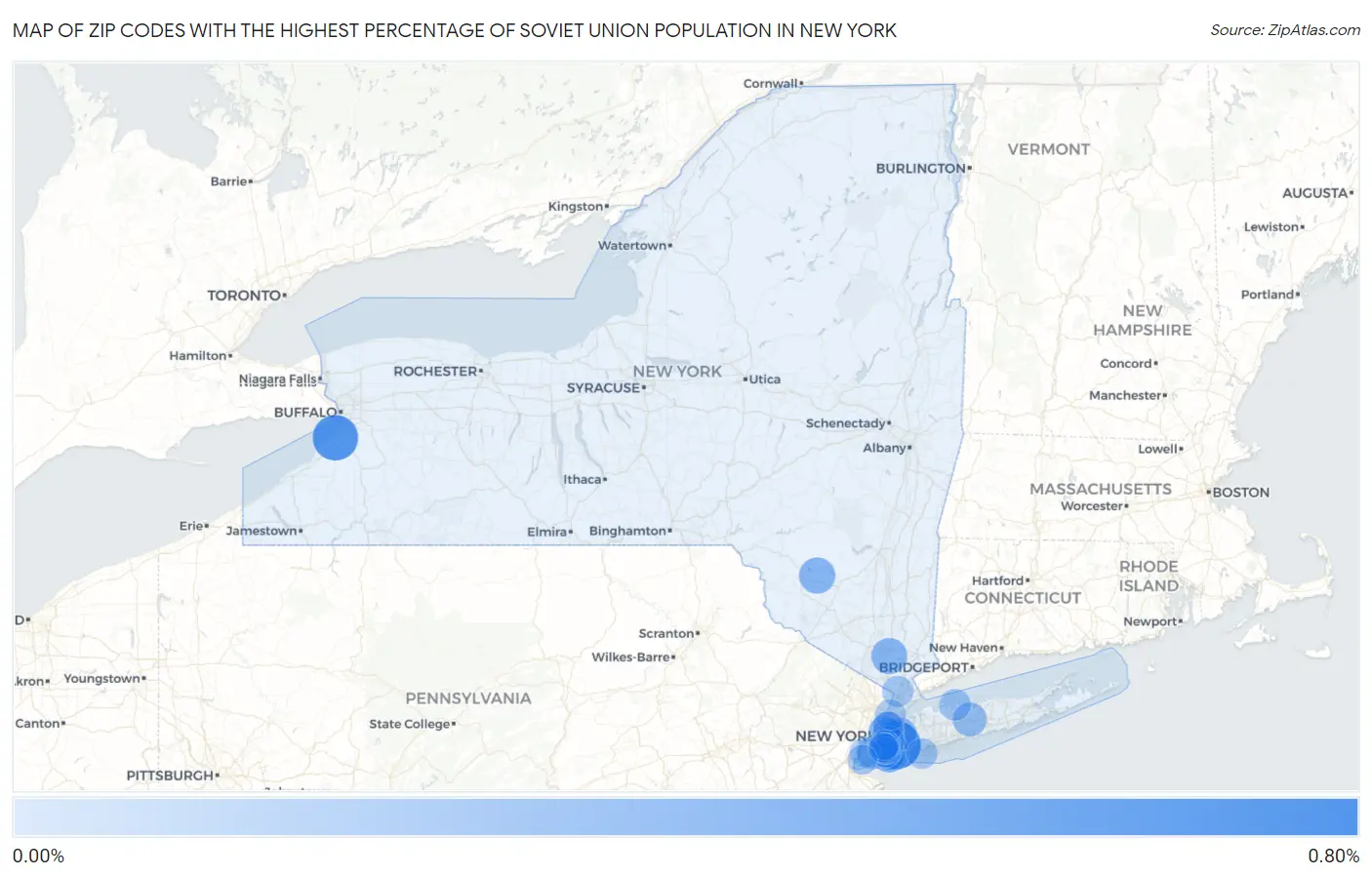 Zip Codes with the Highest Percentage of Soviet Union Population in New York Map