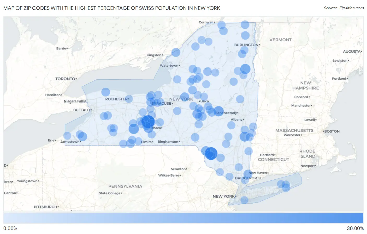 Zip Codes with the Highest Percentage of Swiss Population in New York Map