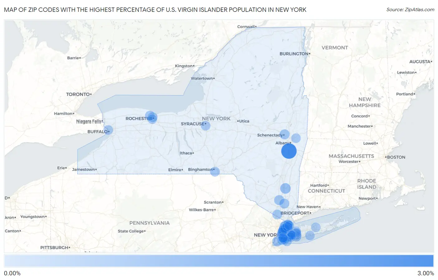 Zip Codes with the Highest Percentage of U.S. Virgin Islander Population in New York Map