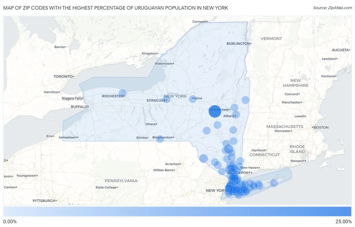 Zip Codes with the Highest Percentage of Uruguayan Population in New York Map