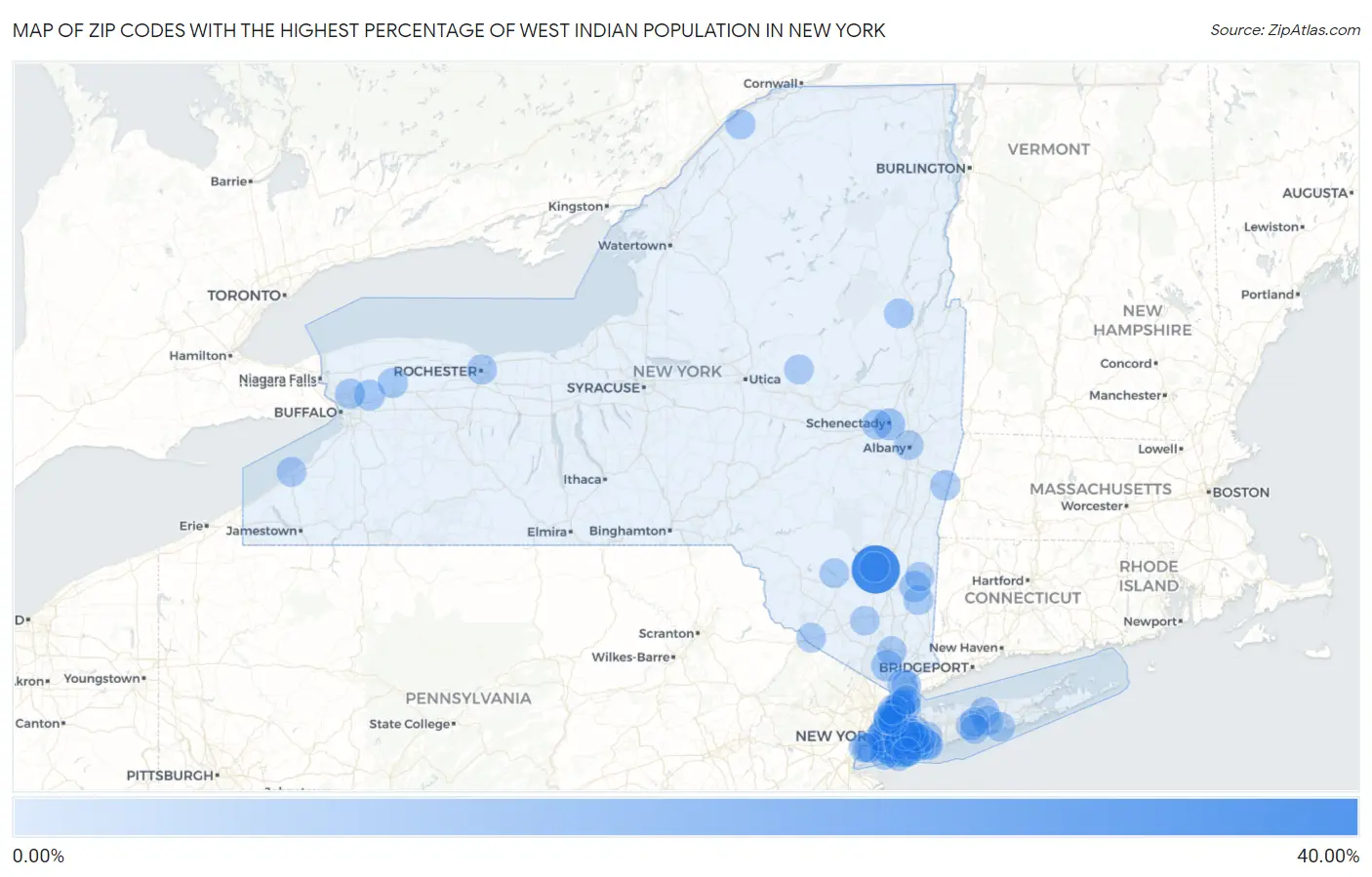 Zip Codes with the Highest Percentage of West Indian Population in New York Map