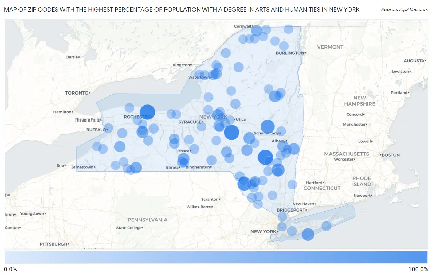 Zip Codes with the Highest Percentage of Population with a Degree in Arts and Humanities in New York Map