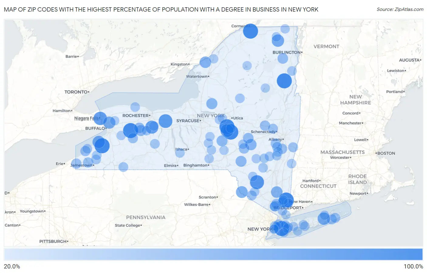 Zip Codes with the Highest Percentage of Population with a Degree in Business in New York Map