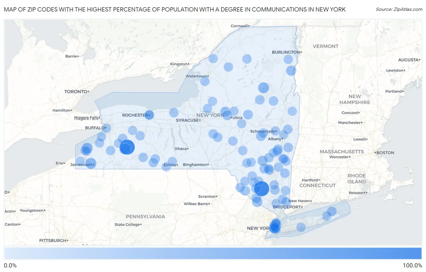 Zip Codes with the Highest Percentage of Population with a Degree in Communications in New York Map