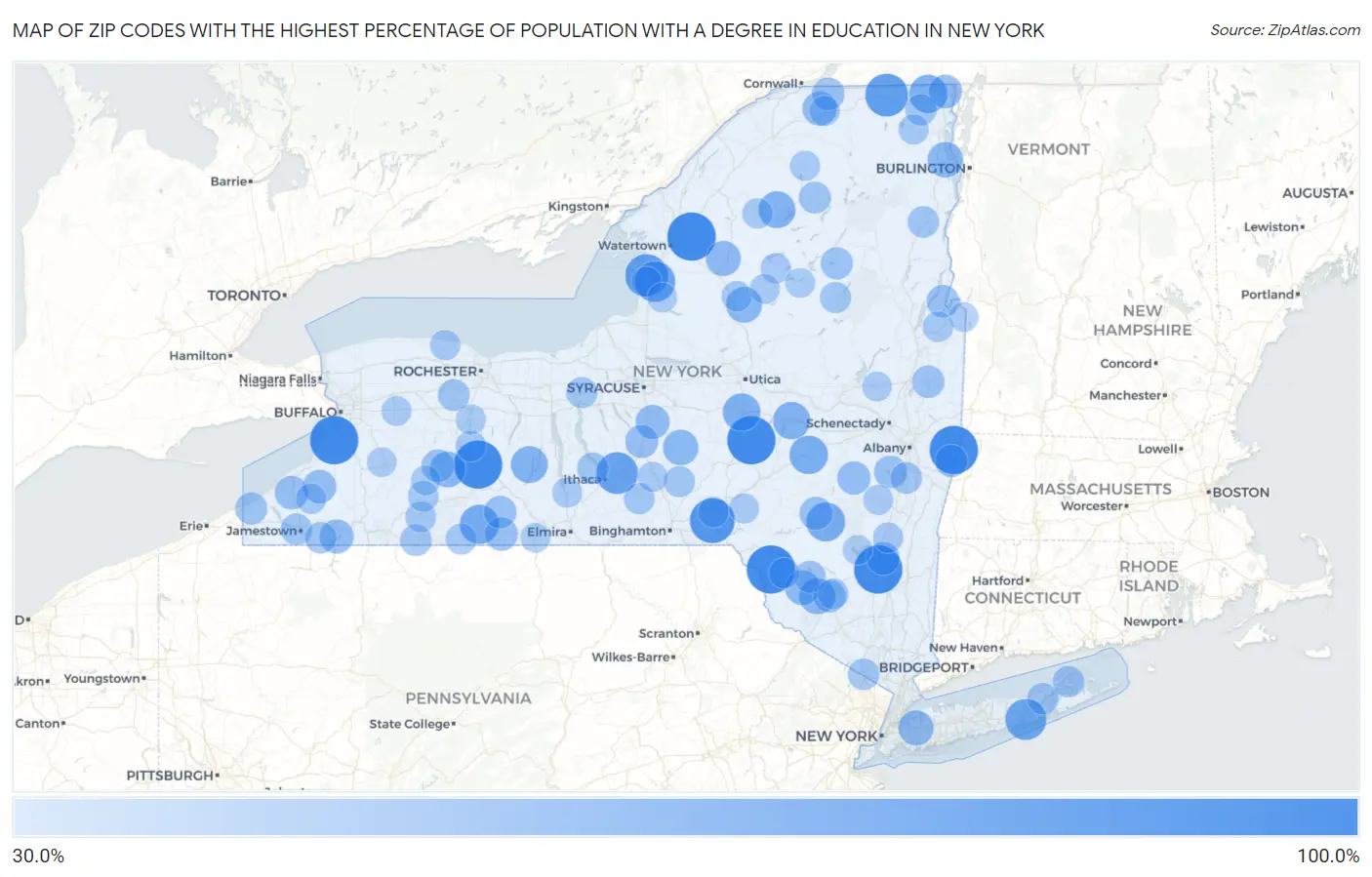 Zip Codes with the Highest Percentage of Population with a Degree in Education in New York Map