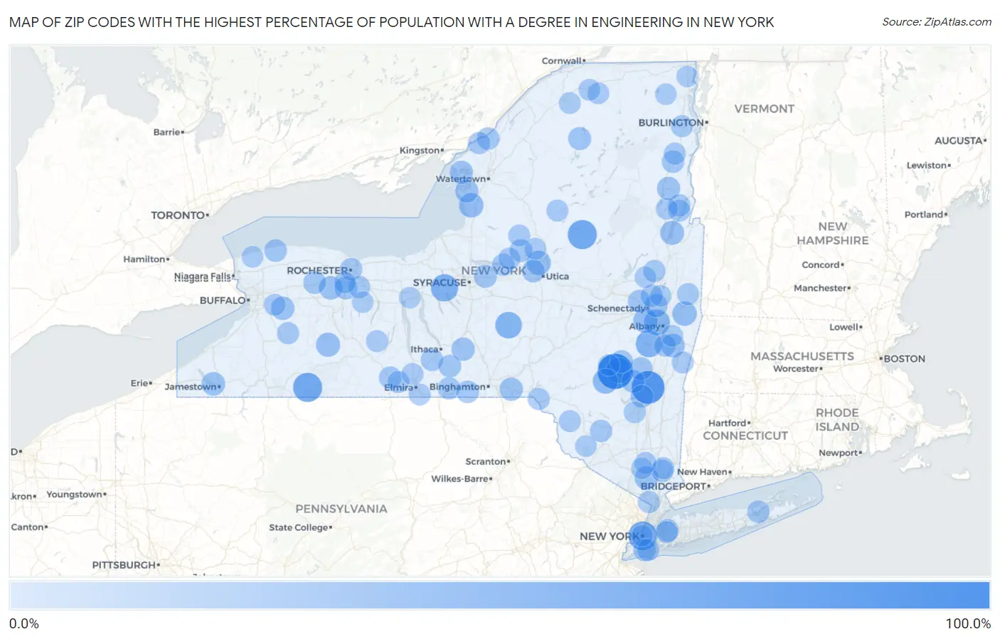 Zip Codes with the Highest Percentage of Population with a Degree in Engineering in New York Map