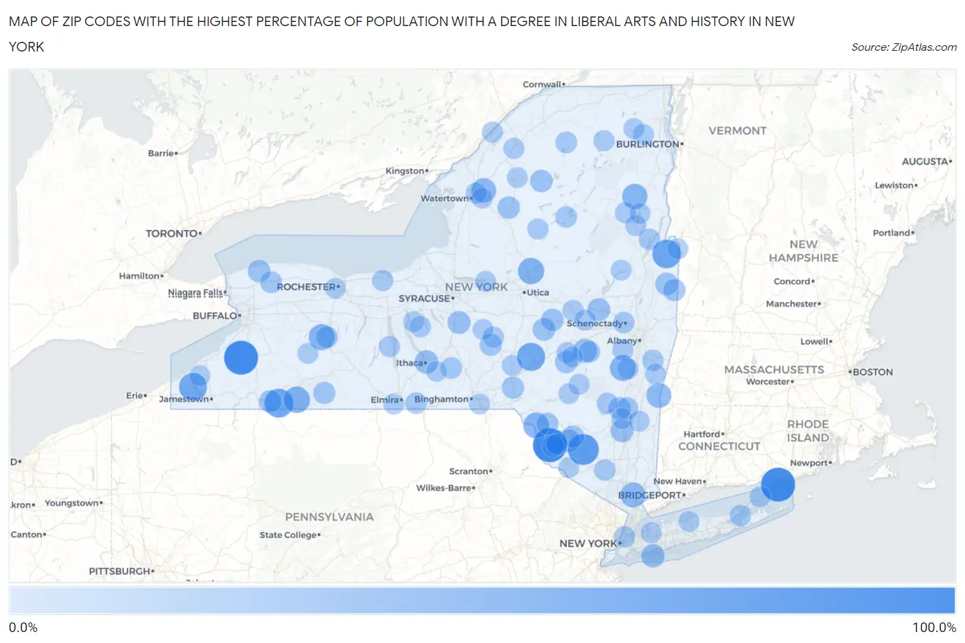 Zip Codes with the Highest Percentage of Population with a Degree in Liberal Arts and History in New York Map