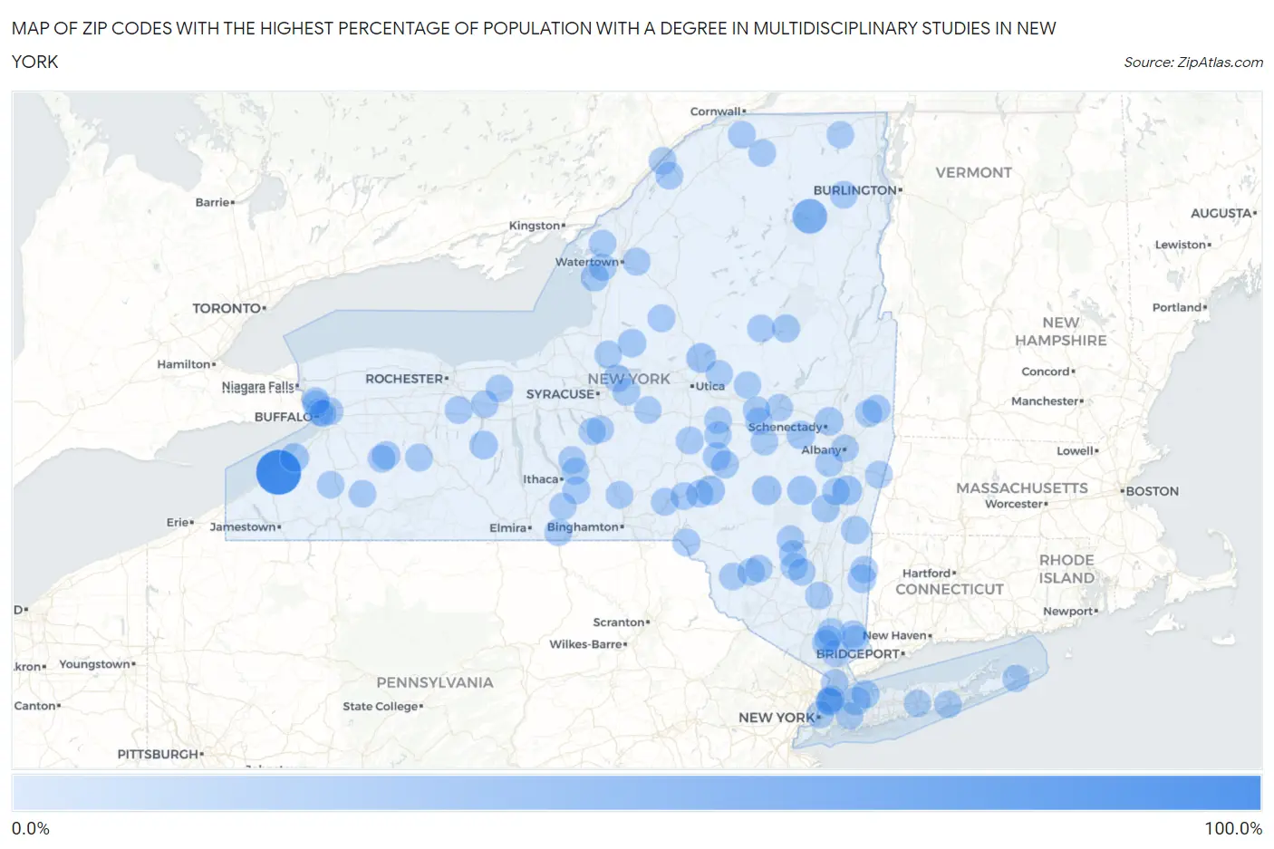 Zip Codes with the Highest Percentage of Population with a Degree in Multidisciplinary Studies in New York Map
