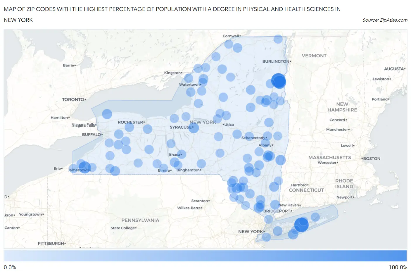 Zip Codes with the Highest Percentage of Population with a Degree in Physical and Health Sciences in New York Map