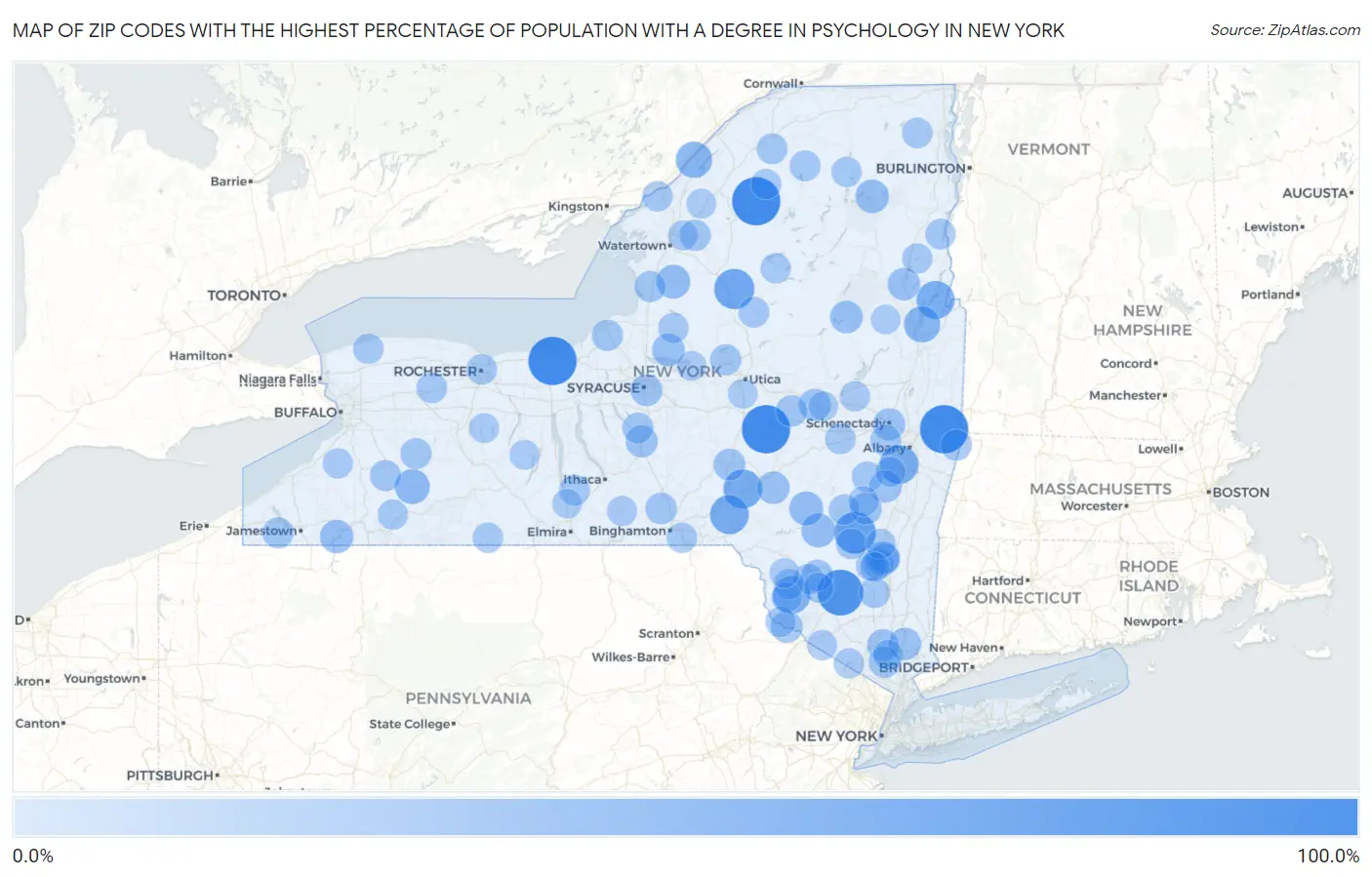 Zip Codes with the Highest Percentage of Population with a Degree in Psychology in New York Map