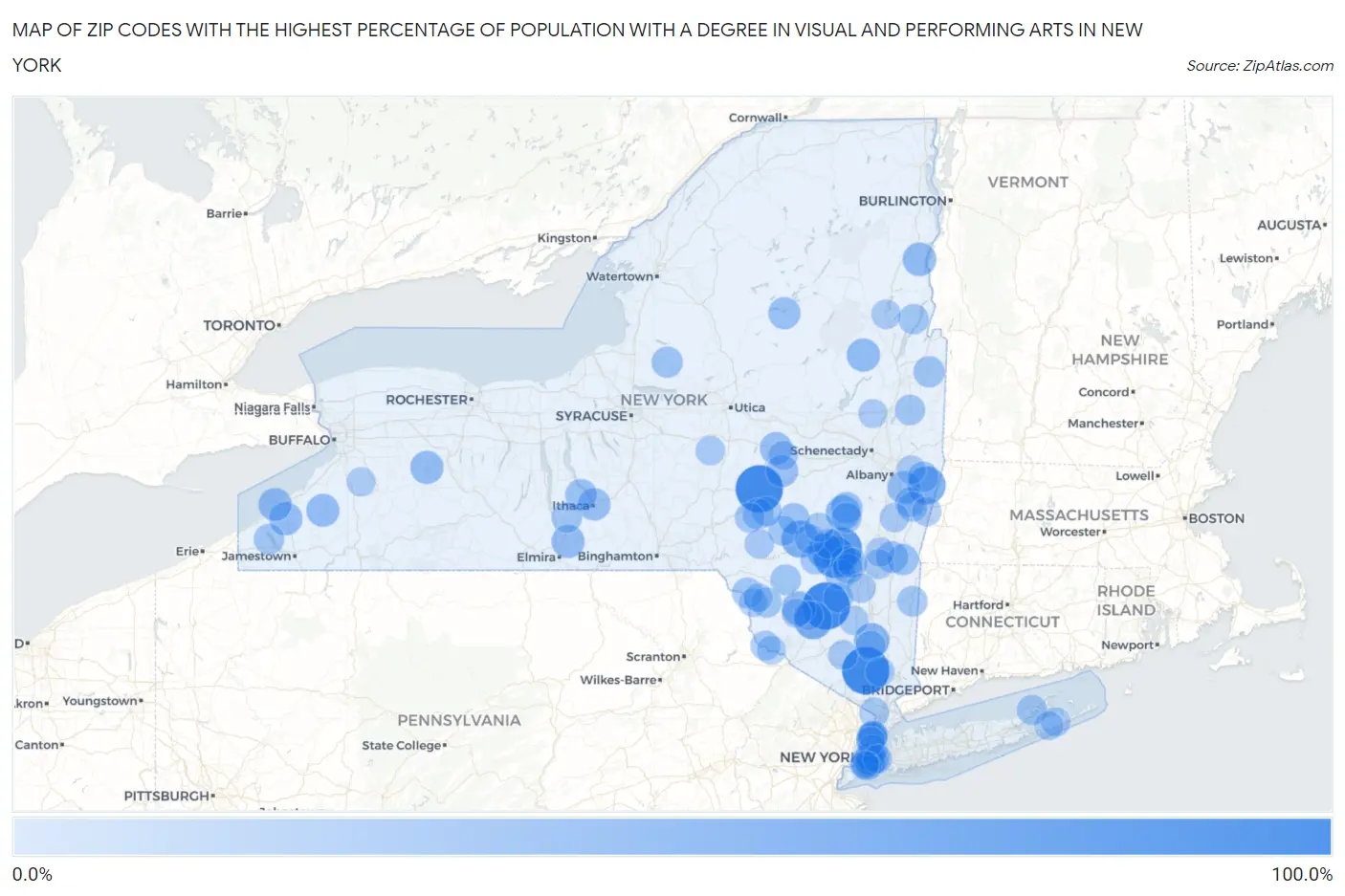 Zip Codes with the Highest Percentage of Population with a Degree in Visual and Performing Arts in New York Map
