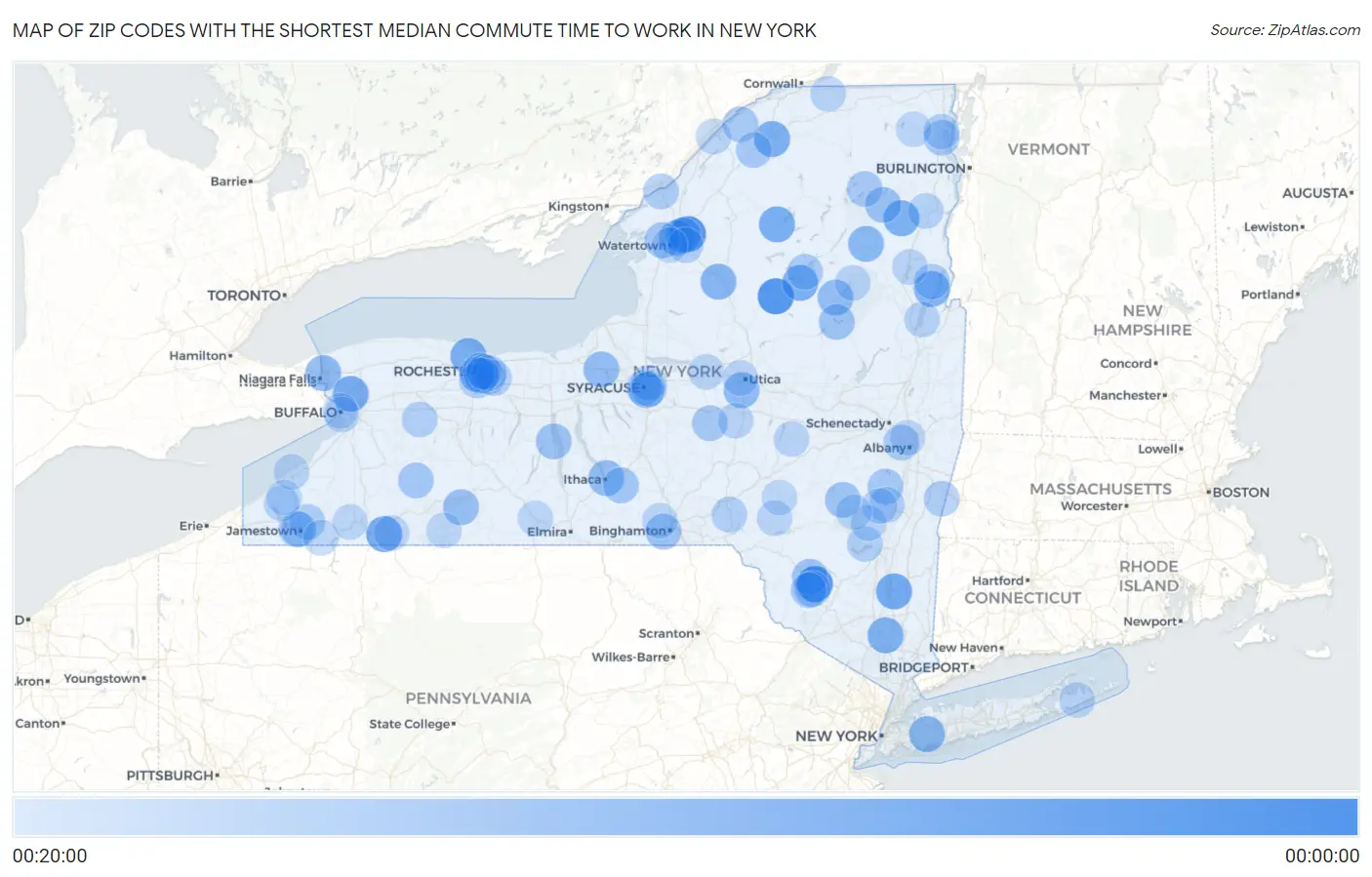 Zip Codes with the Shortest Median Commute Time to Work in New York Map