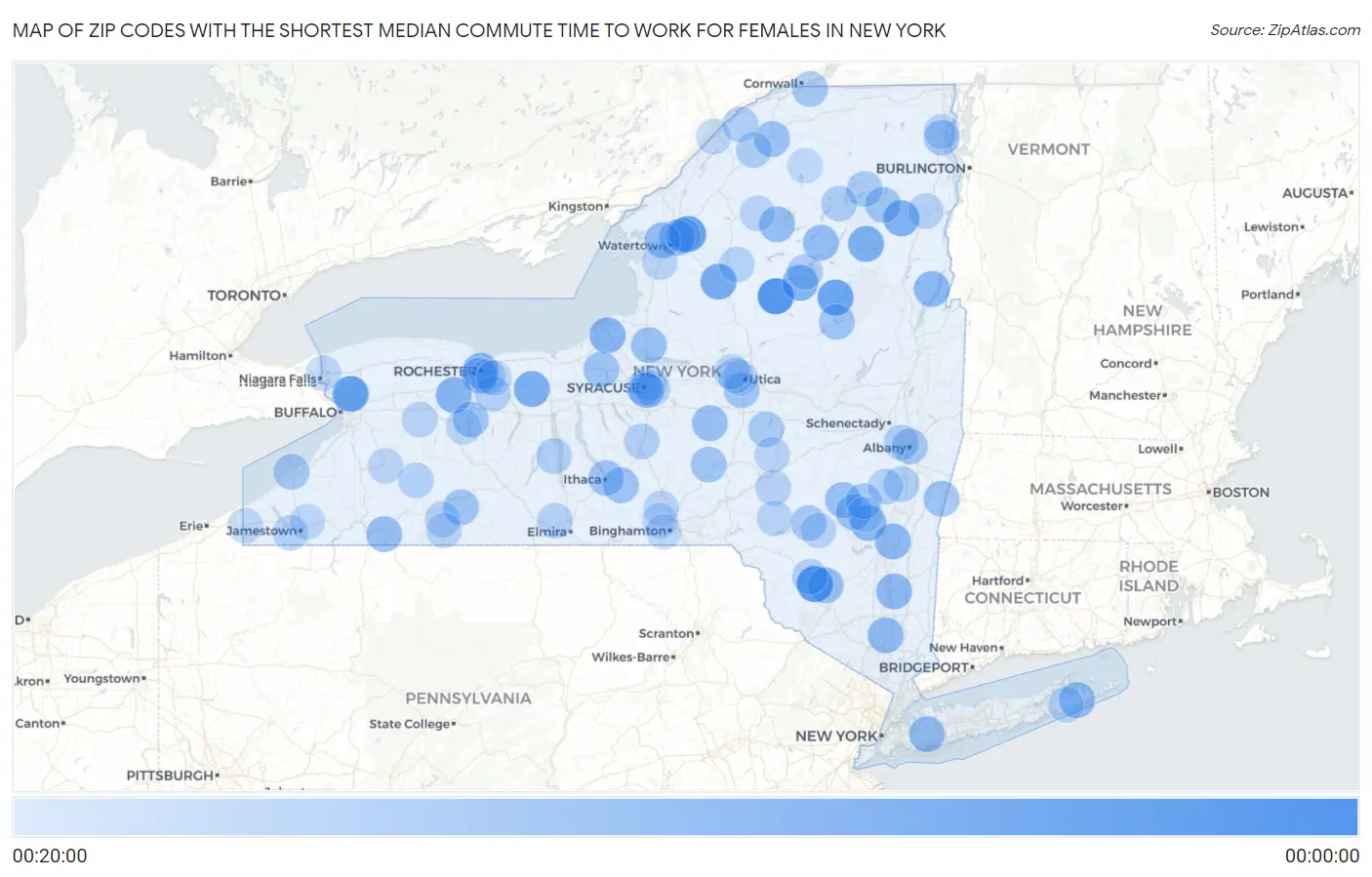 Zip Codes with the Shortest Median Commute Time to Work for Females in New York Map