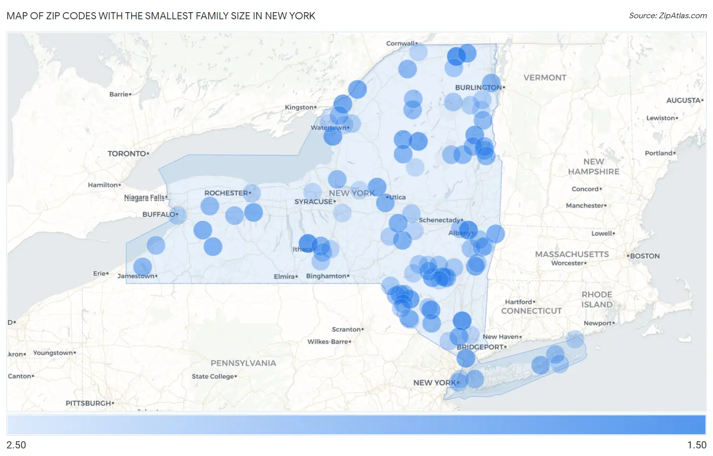 Zip Codes with the Smallest Family Size in New York Map