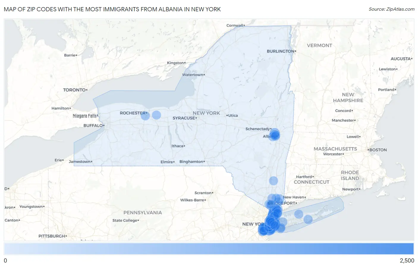 Zip Codes with the Most Immigrants from Albania in New York Map