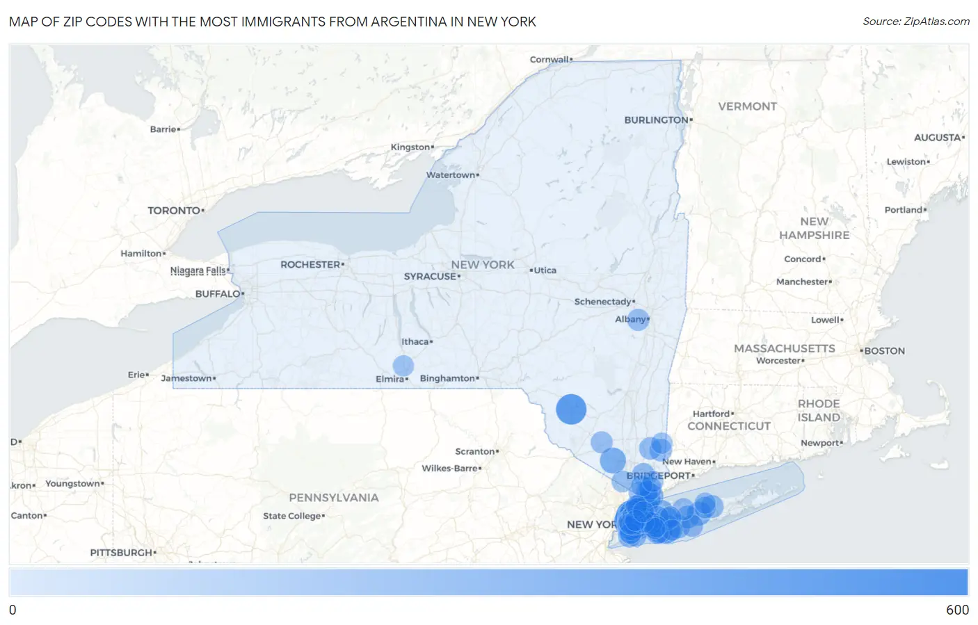Zip Codes with the Most Immigrants from Argentina in New York Map