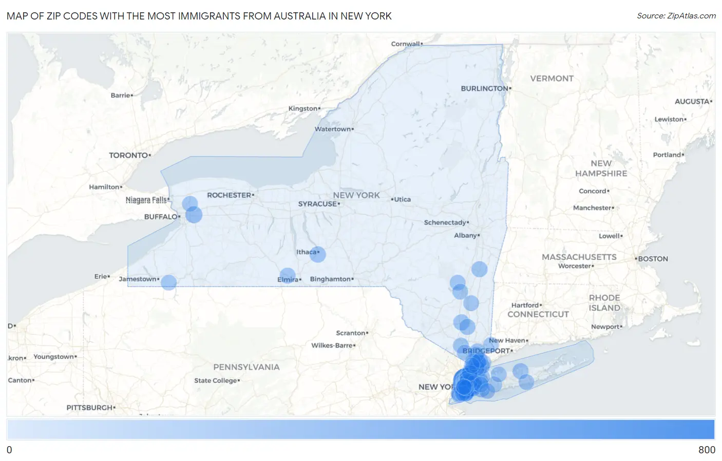 Zip Codes with the Most Immigrants from Australia in New York Map
