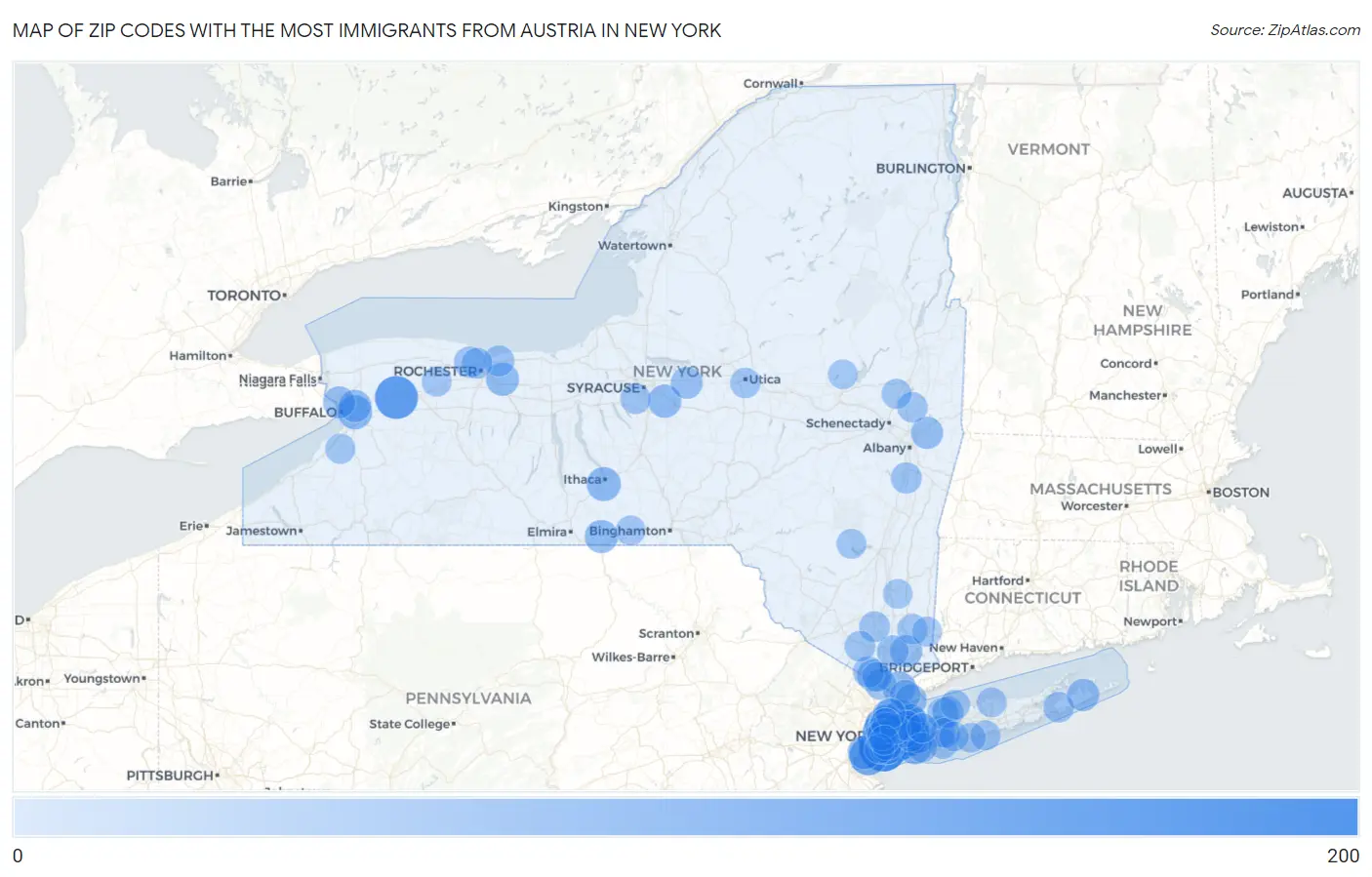 Zip Codes with the Most Immigrants from Austria in New York Map