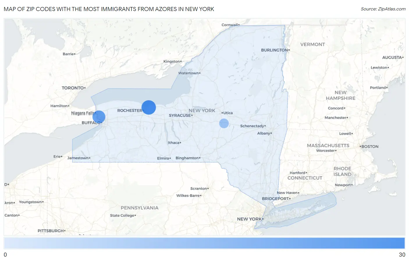 Zip Codes with the Most Immigrants from Azores in New York Map