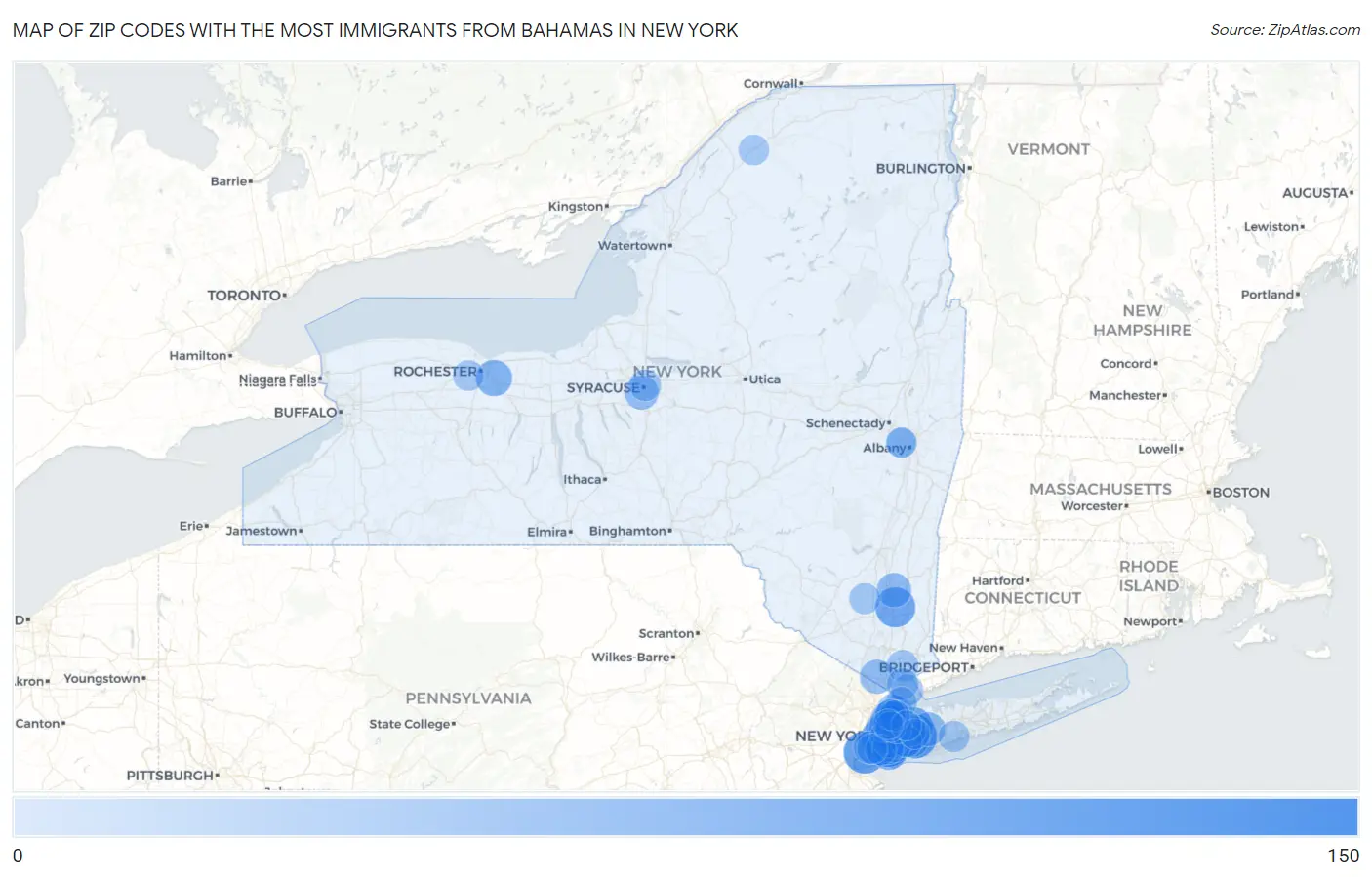 Zip Codes with the Most Immigrants from Bahamas in New York Map