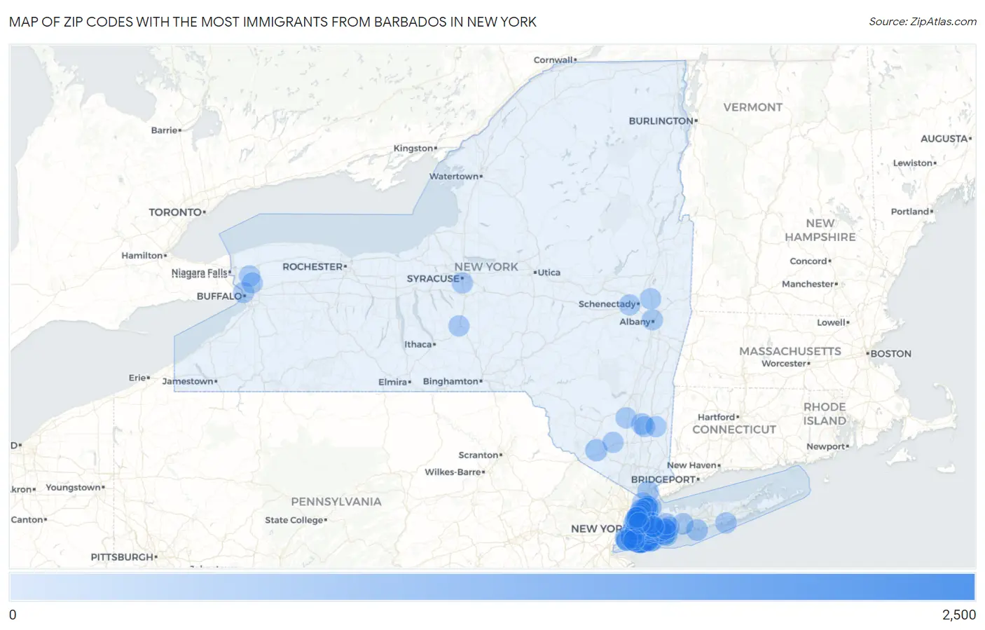 Zip Codes with the Most Immigrants from Barbados in New York Map
