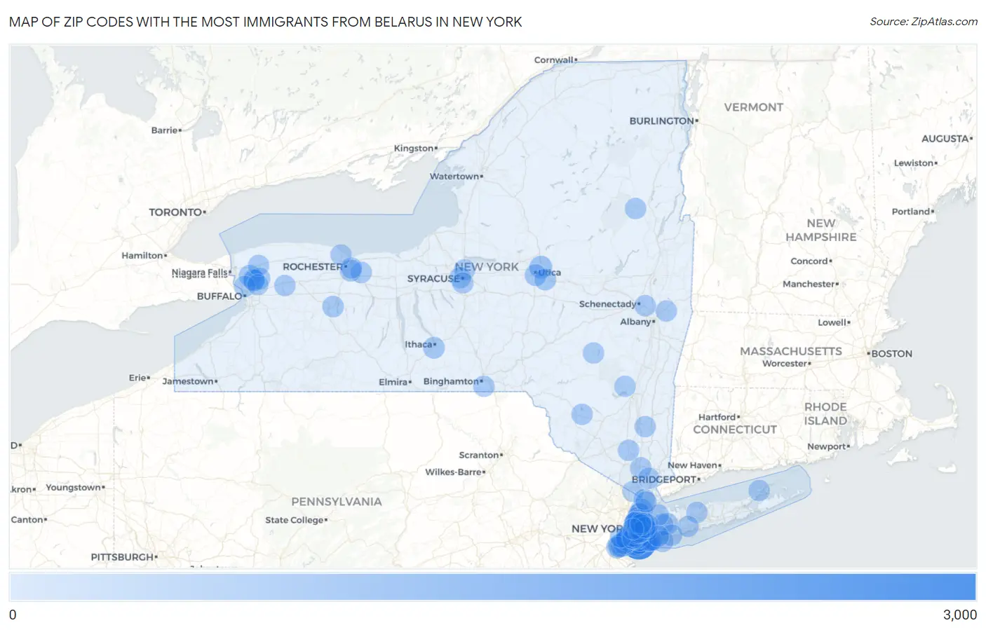 Zip Codes with the Most Immigrants from Belarus in New York Map