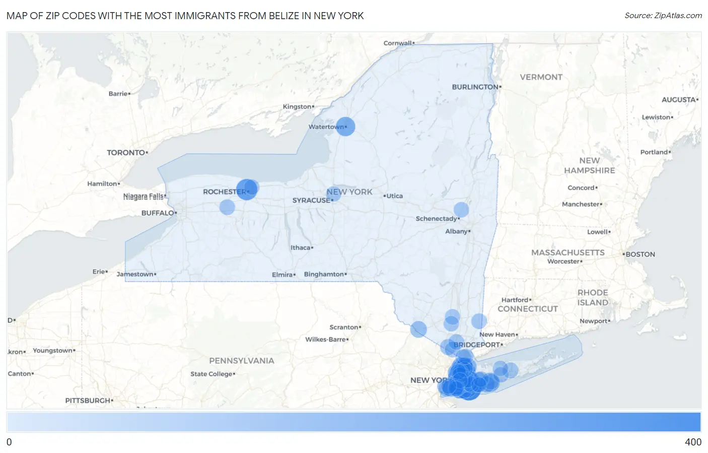 Zip Codes with the Most Immigrants from Belize in New York Map