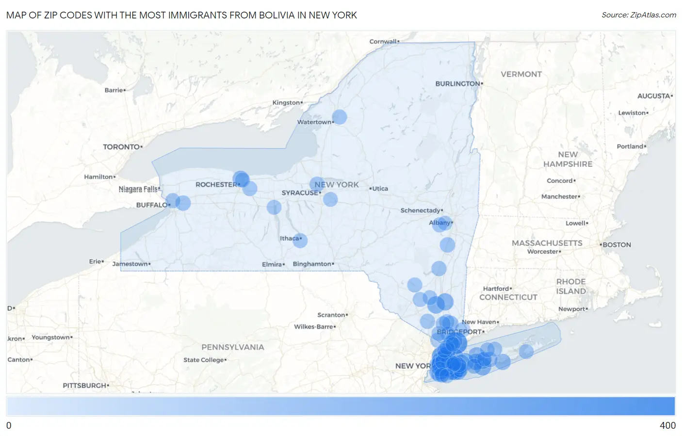 Zip Codes with the Most Immigrants from Bolivia in New York Map