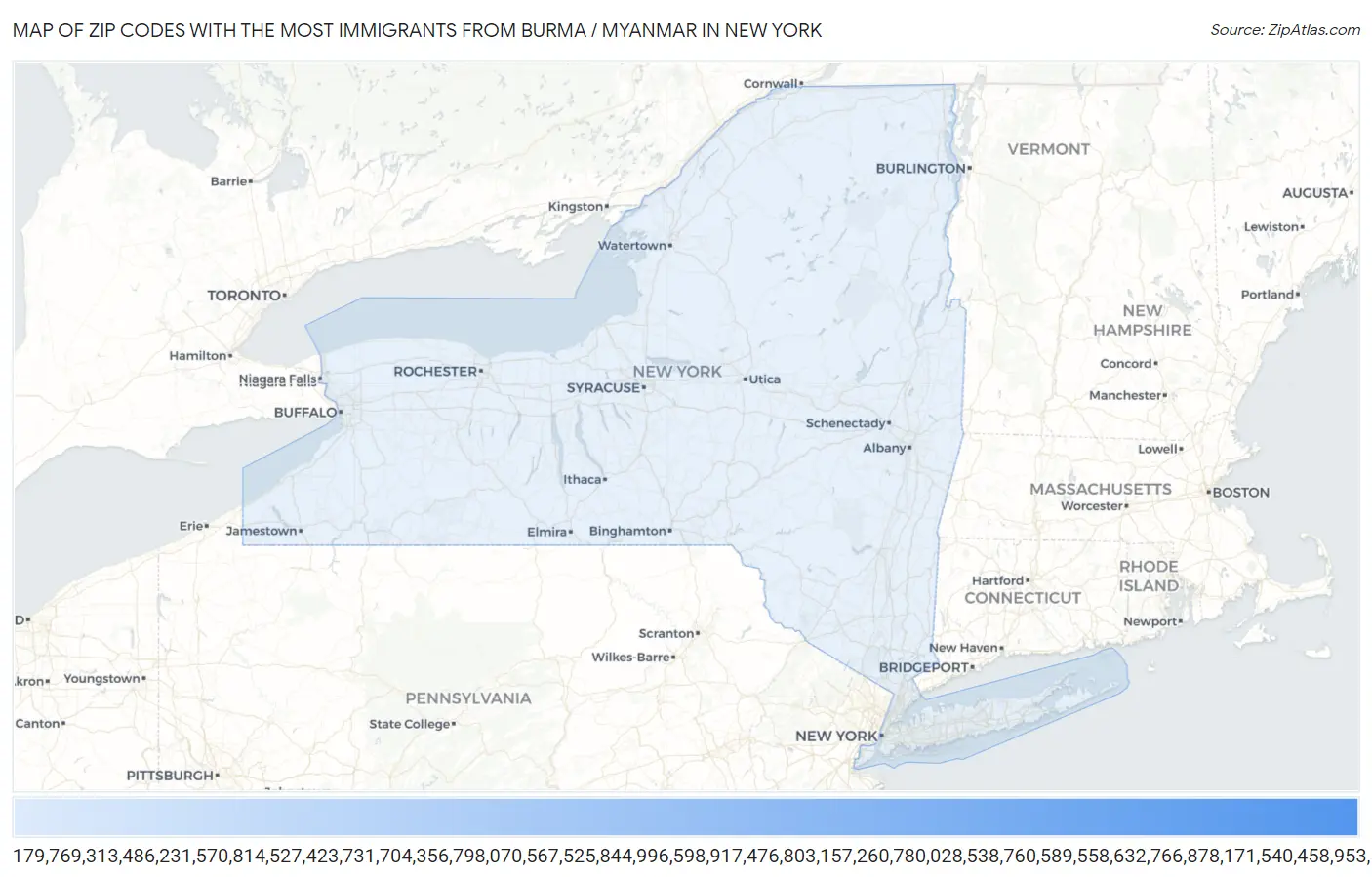Zip Codes with the Most Immigrants from Burma / Myanmar in New York Map