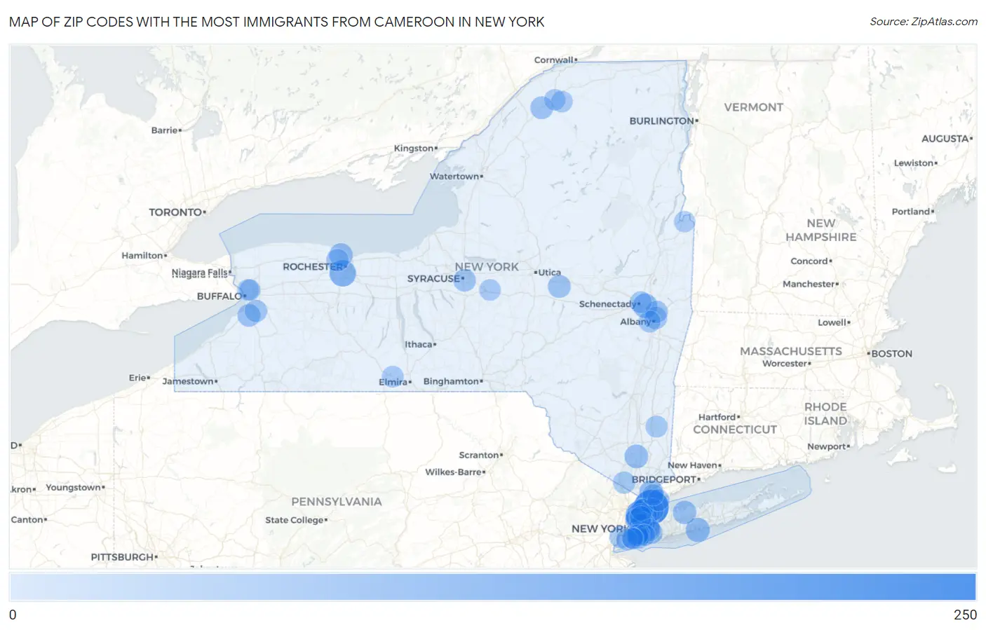 Zip Codes with the Most Immigrants from Cameroon in New York Map