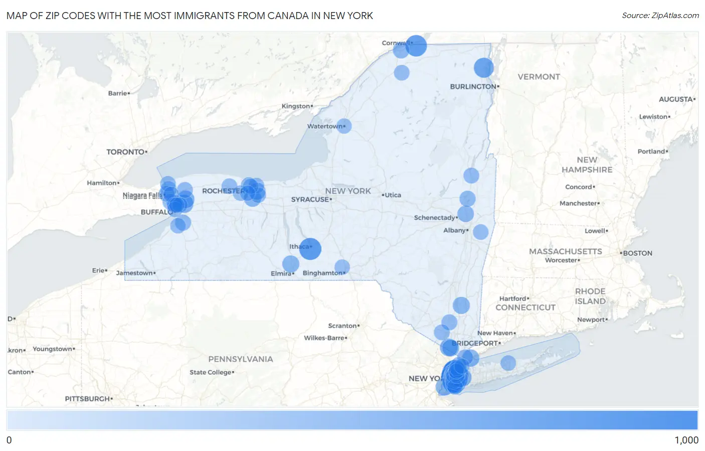 Zip Codes with the Most Immigrants from Canada in New York Map