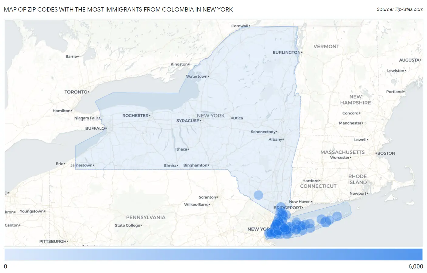 Zip Codes with the Most Immigrants from Colombia in New York Map