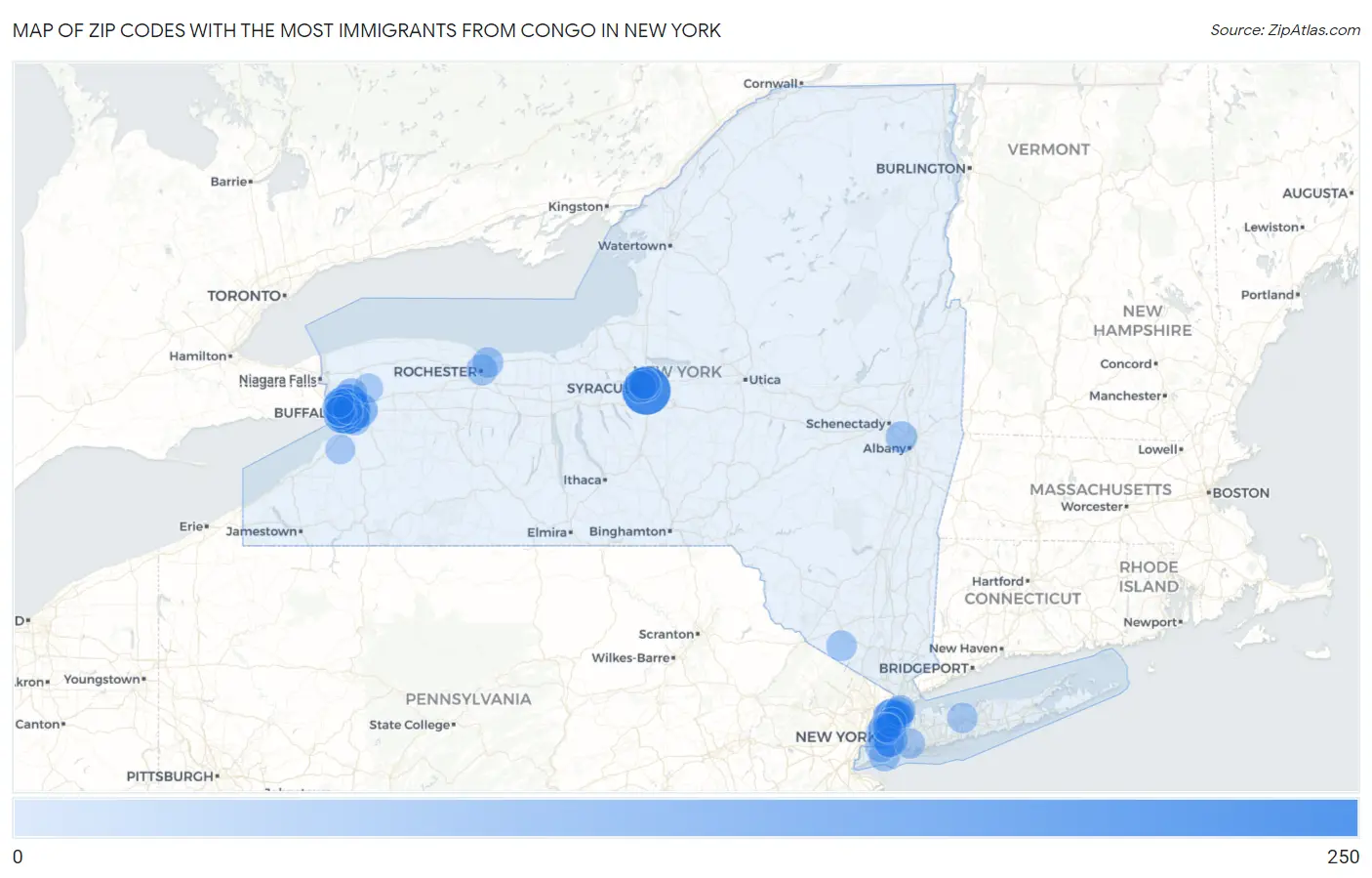 Zip Codes with the Most Immigrants from Congo in New York Map