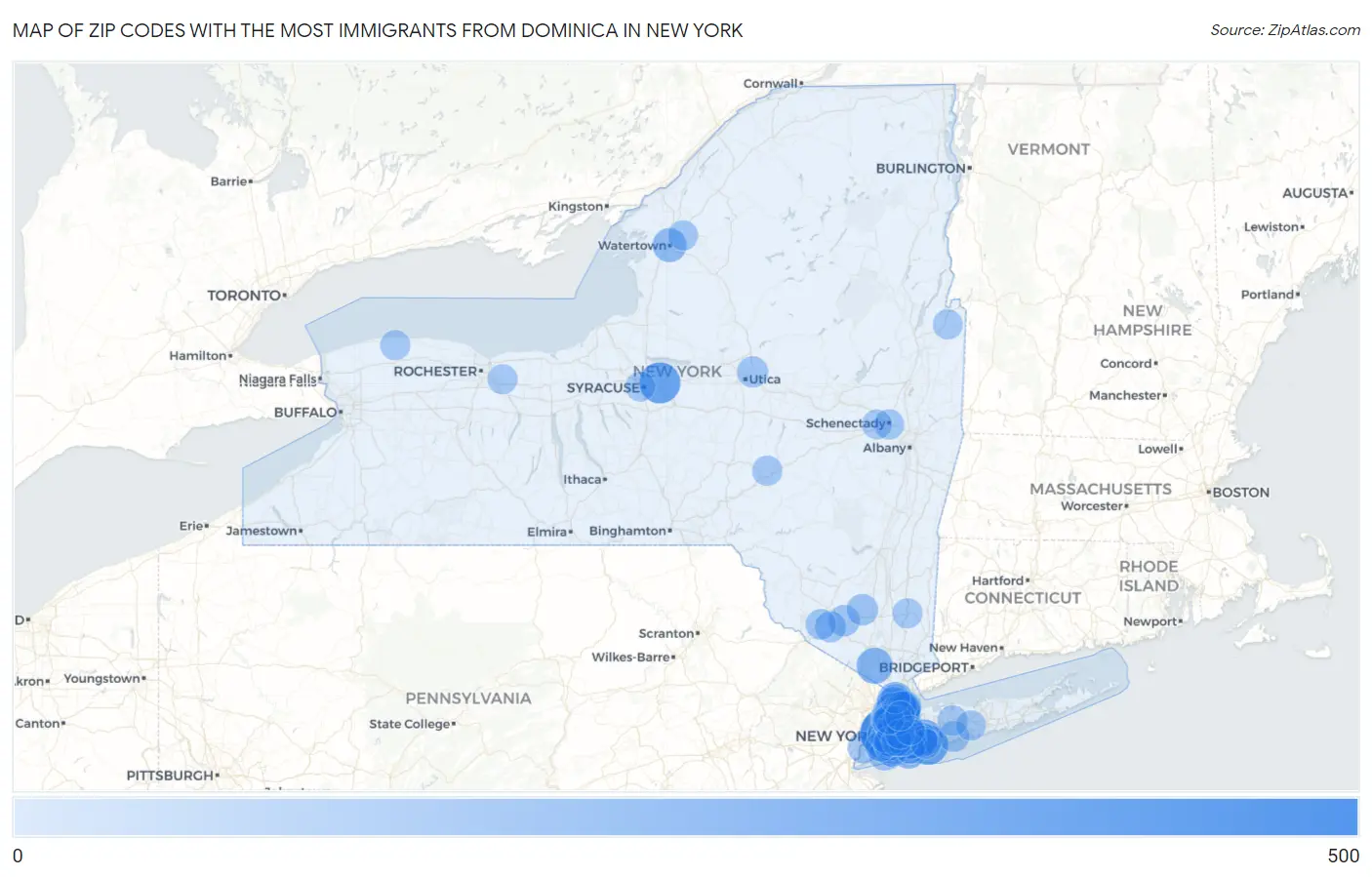 Zip Codes with the Most Immigrants from Dominica in New York Map