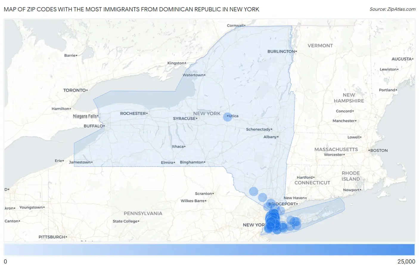 Zip Codes with the Most Immigrants from Dominican Republic in New York Map