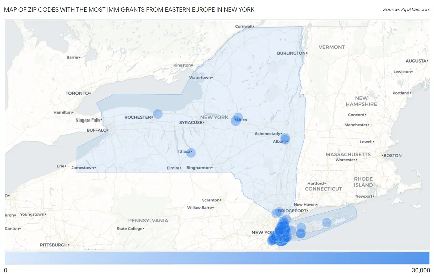 Zip Codes with the Most Immigrants from Eastern Europe in New York Map