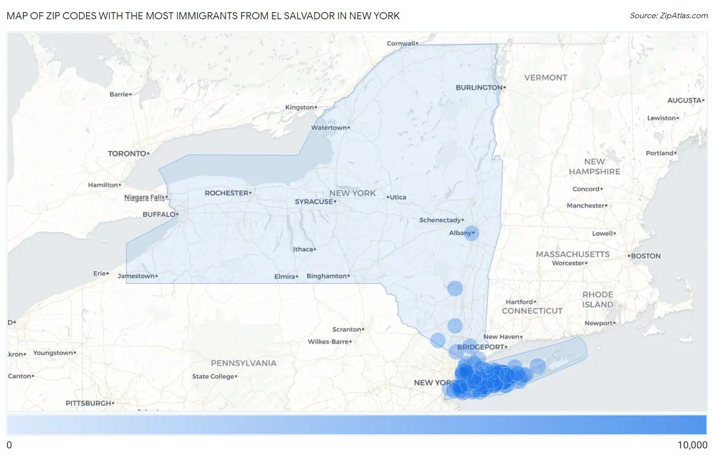 Zip Codes with the Most Immigrants from El Salvador in New York Map