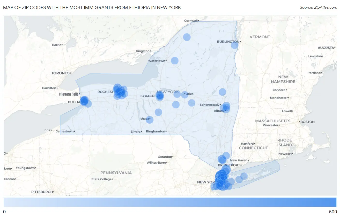 Zip Codes with the Most Immigrants from Ethiopia in New York Map