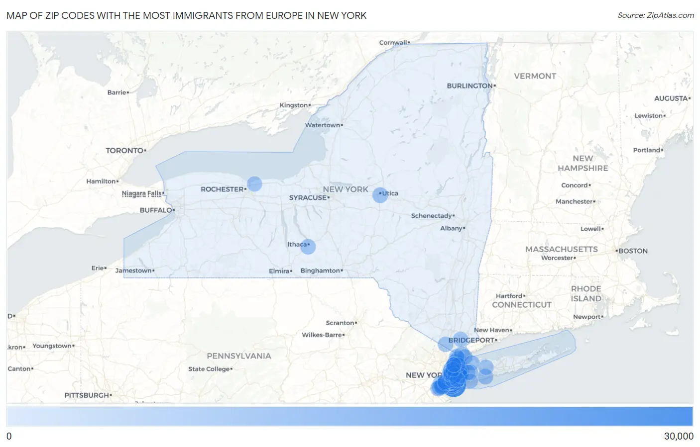 Zip Codes with the Most Immigrants from Europe in New York Map