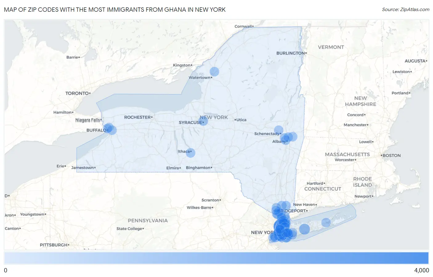Zip Codes with the Most Immigrants from Ghana in New York Map