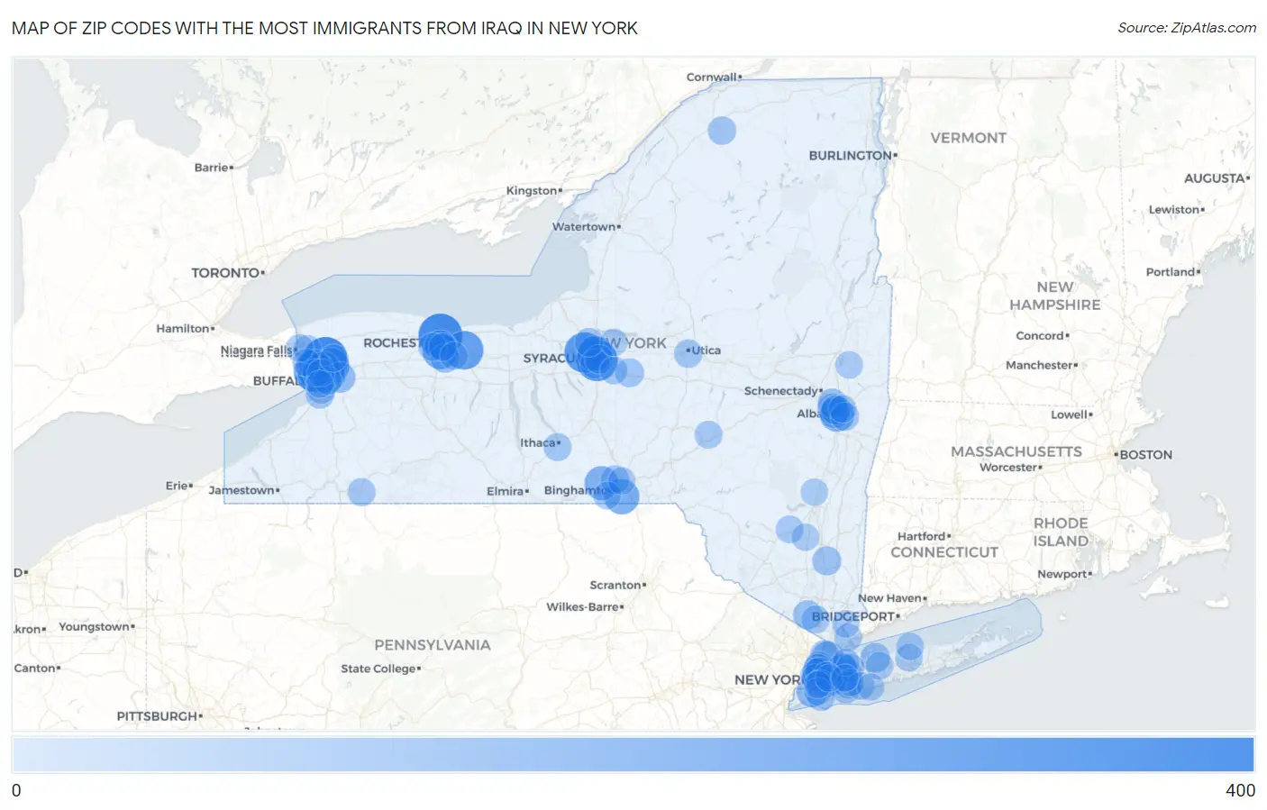 Zip Codes with the Most Immigrants from Iraq in New York Map