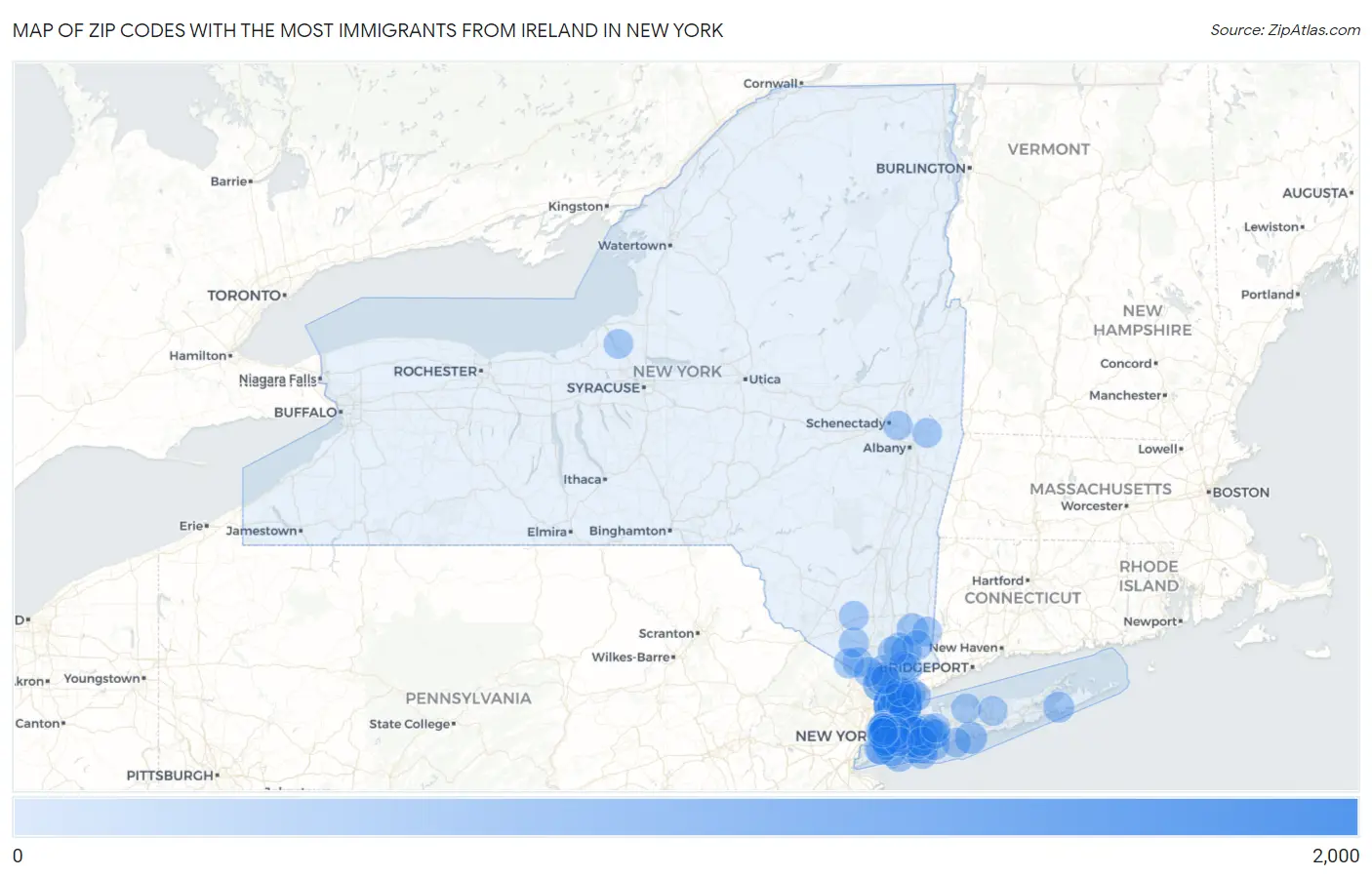 Zip Codes with the Most Immigrants from Ireland in New York Map