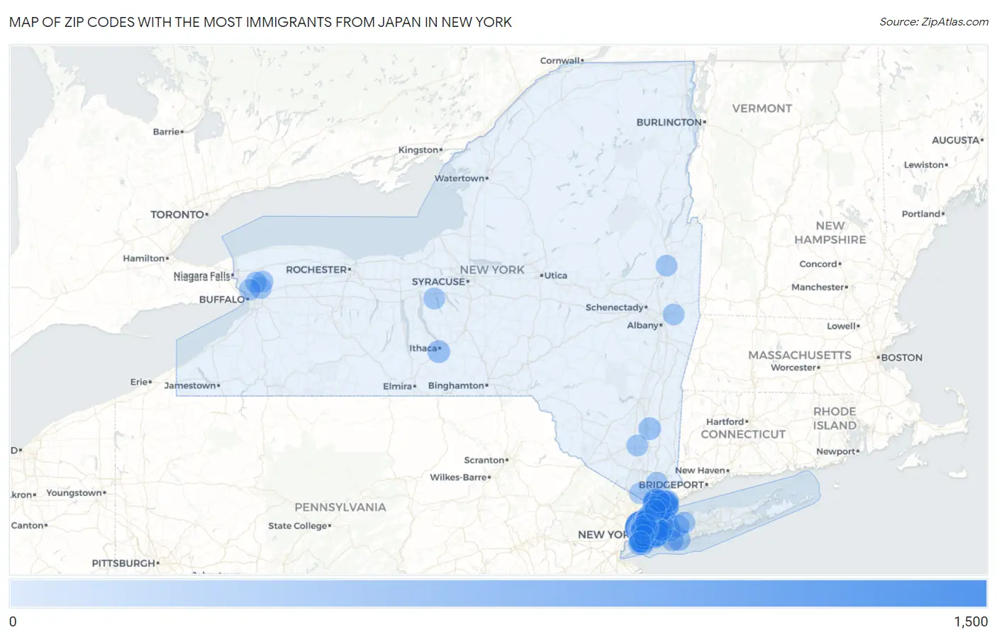 Zip Codes with the Most Immigrants from Japan in New York Map