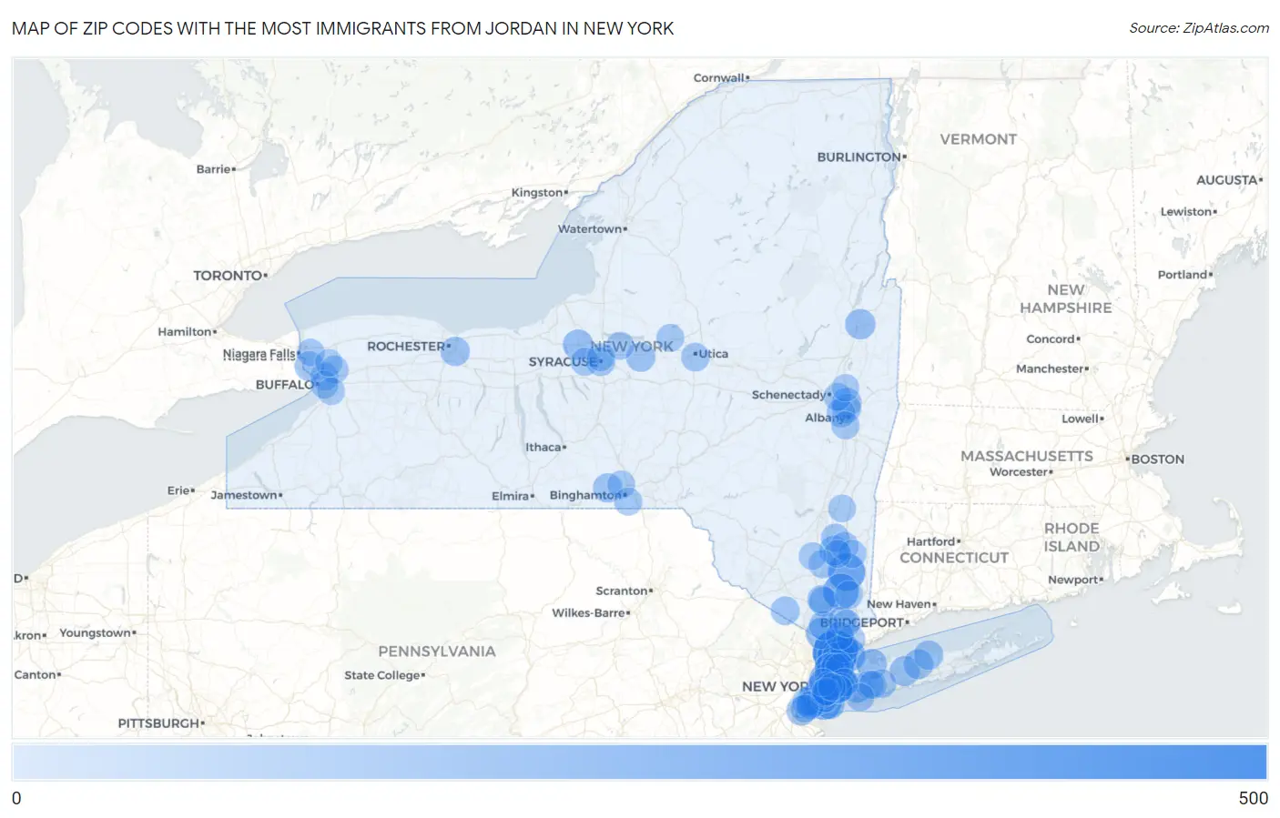 Zip Codes with the Most Immigrants from Jordan in New York Map