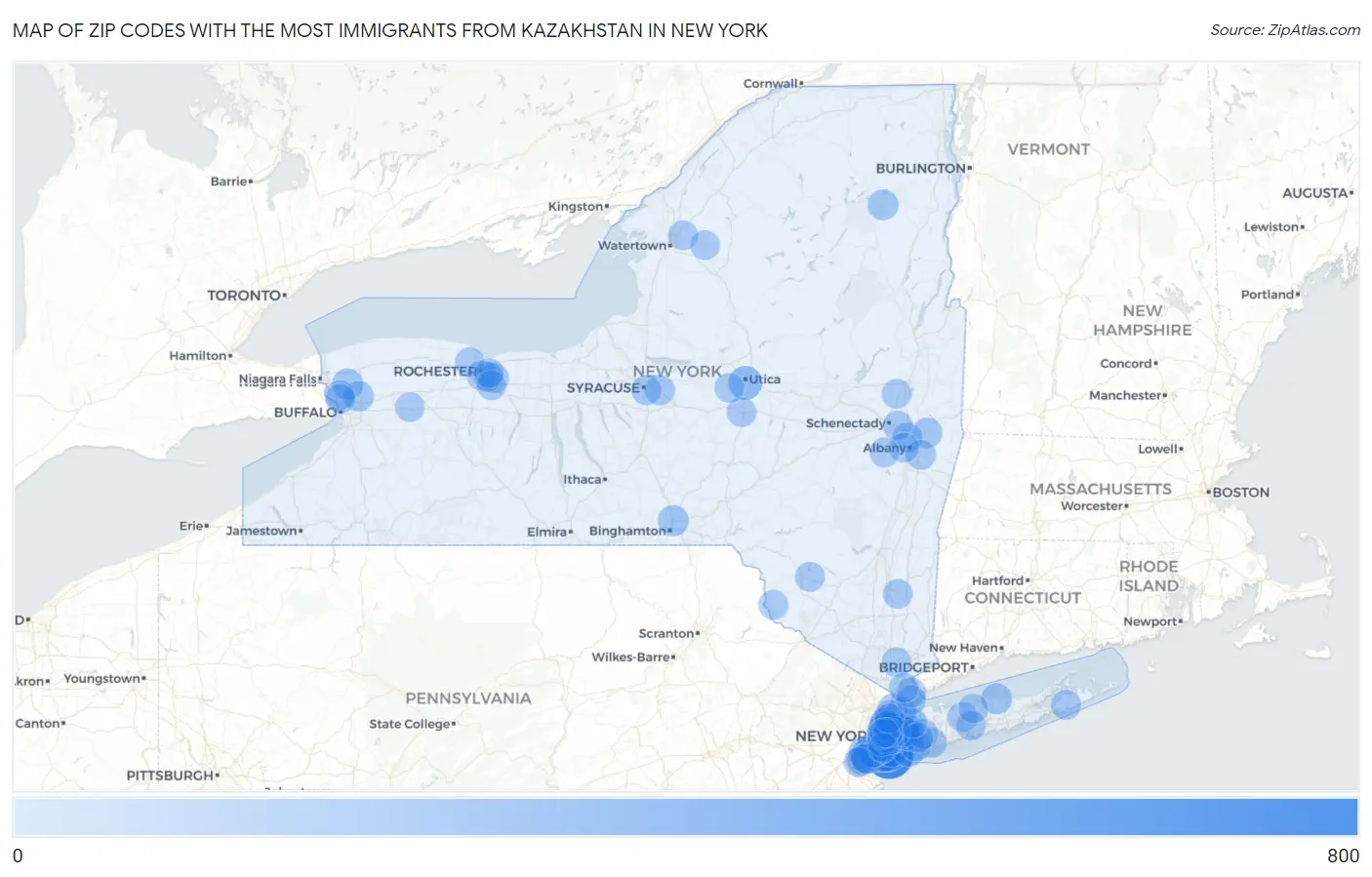 Zip Codes with the Most Immigrants from Kazakhstan in New York Map