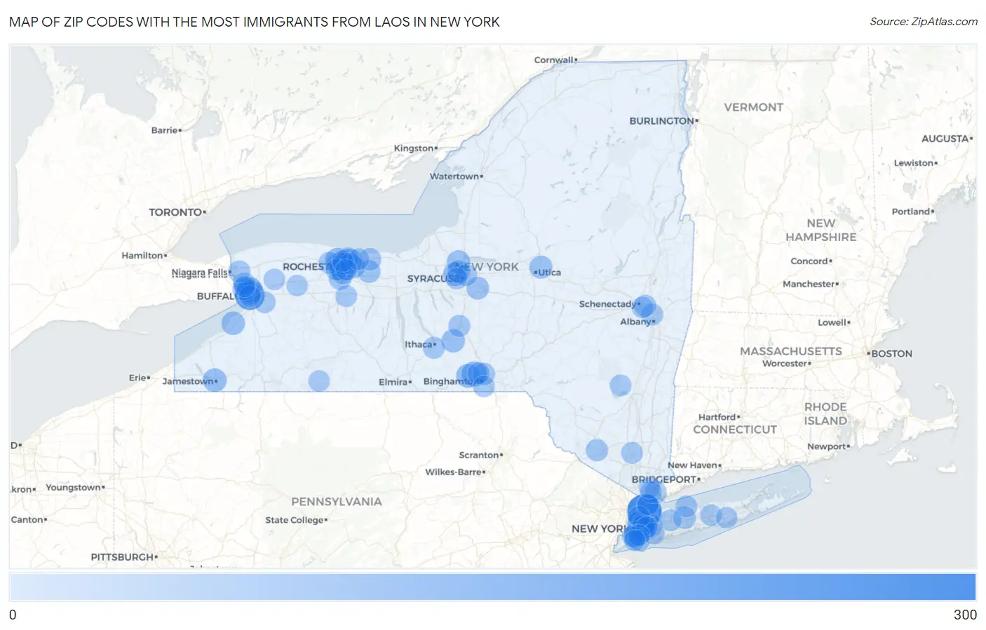 Zip Codes with the Most Immigrants from Laos in New York Map