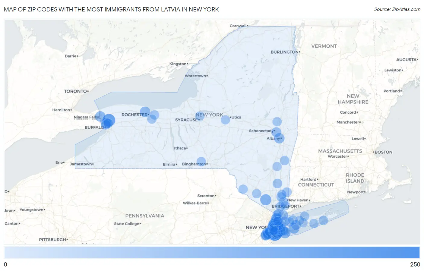 Zip Codes with the Most Immigrants from Latvia in New York Map