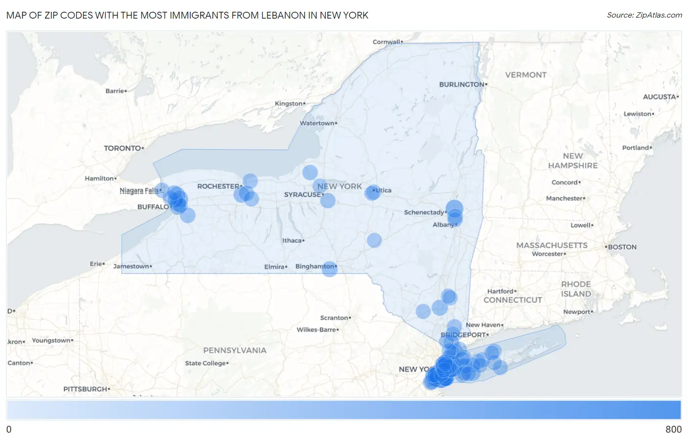 Zip Codes with the Most Immigrants from Lebanon in New York Map
