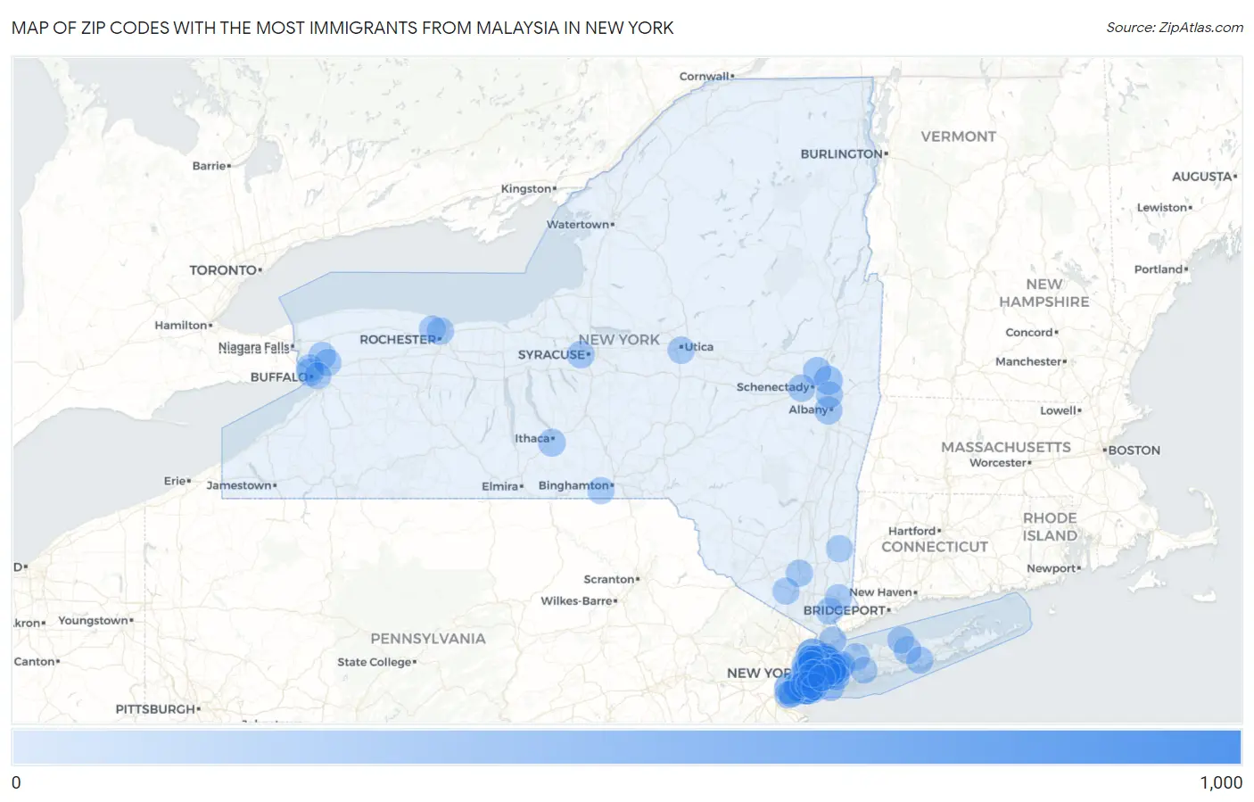 Zip Codes with the Most Immigrants from Malaysia in New York Map