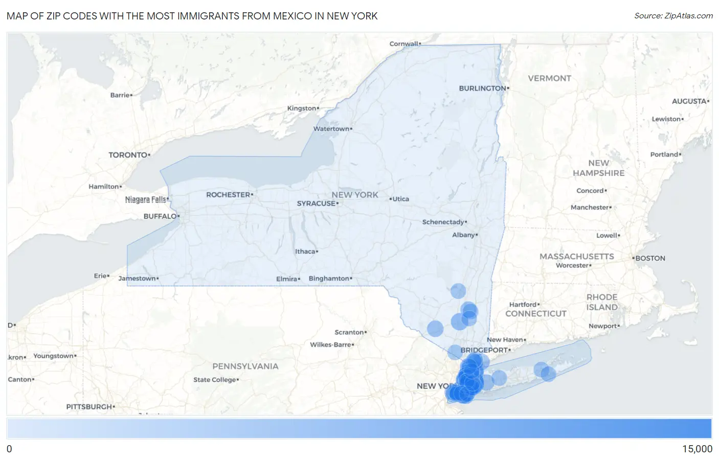 Zip Codes with the Most Immigrants from Mexico in New York Map